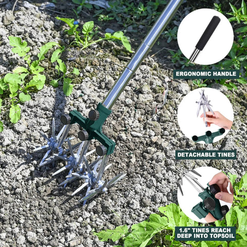 Rotary Cultivator Garden Tiller with adjustable stainless steel handle and lightweight aluminum tines in soil aeration use.