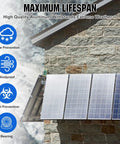 Two Sets 45 Inch Adjustable Tilt Solar Panel Mount Brackets For 2 To 4 Panels 100W To 400W Roof RV Boat Off Grid Energy Kit That Boosts Efficiency Up To 25 Percent With Easy Install installed on a stone wall demonstrating tilt and weather resistance features.