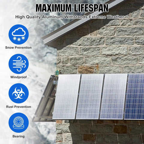 45 Inch Solar Panel Mount Brackets With Foldable Tilt Legs on stone wall, showcasing snow, wind, and rust resistance icons