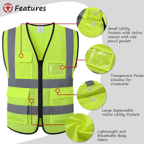 Your Go To Hi Vis Reflective Safety Vest For Men And Women Plus Super Breathable Mesh Work Gear and bright yellow jacket with pockets.