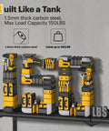 Power Tool Organizer Wall Mount With Charging Station, holds 150 lbs, made of 1.5mm carbon steel, displayed on shelf