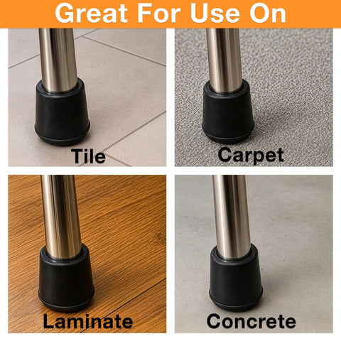 Kick The Squeaks 1.5 Inch Round Rubber Chair Leg Caps on tile, carpet, laminate, and concrete surfaces for traction.