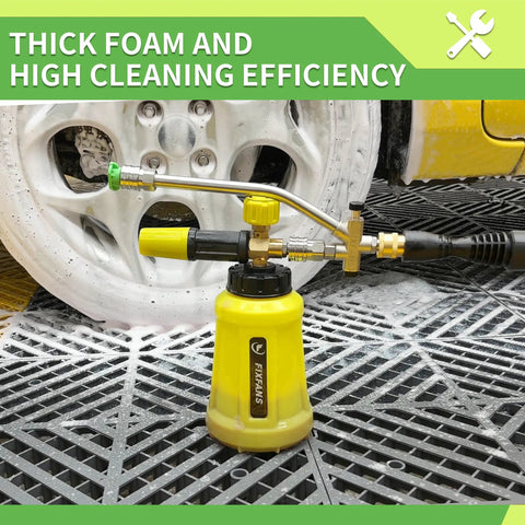 Foam Cannon With Dual Connectors For Pressure Washers, Double Tip Soap Cannon Attachment, 1 Liter Capacity in yellow, on mat