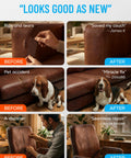 Brown Leather Repair Tape Kit 2.25 Inch By 15 Foot Realistic Faux Leather Patches for Couch Sofa Upholstery Car Seats, before and after repair.
