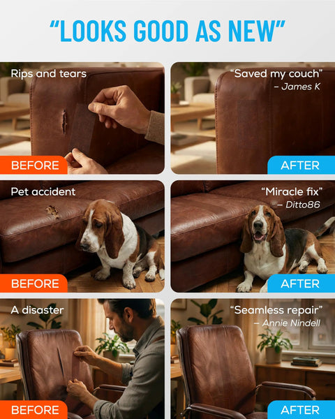 Brown Leather Repair Tape Kit 2.25 Inch By 15 Foot Realistic Faux Leather Patches for Couch Sofa Upholstery Car Seats, before and after repair.
