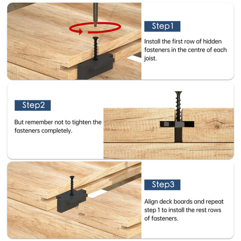 Heavy Duty 1000 Pack Nylon Hidden Deck Fasteners With Preloaded Stainless Screws Universal T Clips installation steps on wood surface.