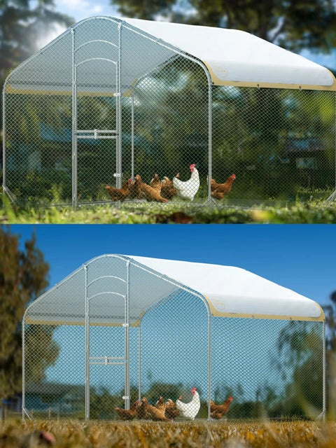 Walk In Metal Chicken Coop With Run For Yard, Weatherproof Spire Roof Cage, Waterproof UV Cover, Housing Chickens Outdoors