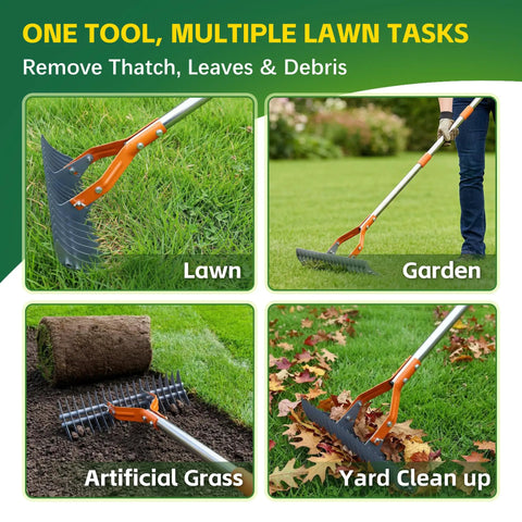 74 Inch Heavy Duty Metal Dethatcher Rake With Hardened Steel Tines For Quick Lawn Thatch And Dead Grass Removal No Fuss Detachable Handle Easy Yard And Landscape Cleanup For A Neat Healthy Lawn shown in four tasks: lawn, garden, artificial grass, and yard clean up