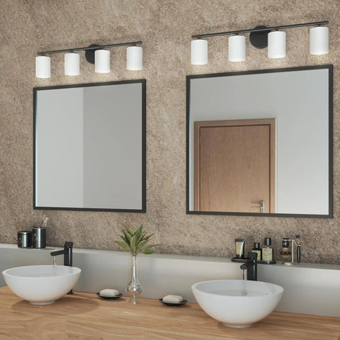 Sleek Four-Light Etched-Glass Bath Vanity Light In Textured Black Finish For Modern Coastal Bathrooms, Offering Bright, Soft Illumination And Boss Vanity Lighting For A Luxe Look