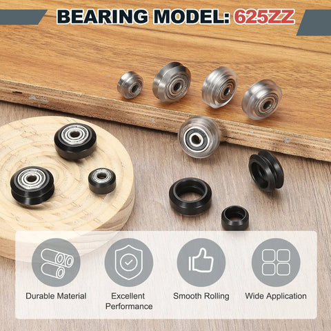 POM V Slot Pulley Wheels Set With 625zz Bearings For Slick High Speed Gantry Motion In DIY 3D Printers And CNC Machines 24mm OD 5mm ID 6mm Wide Black Finish, 625ZZ bearings