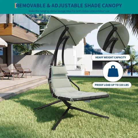 Outdoor Chaise Lounger Swing Chair With Umbrella Canopy Hanging Patio Chair With Stand Curved Steel Cantilever Lounge