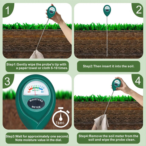 Long Probe Soil Moisture Meter For Deep Read And Plant Nerds Approved Water Level Sensor Hygrometer For Indoor Outdoor Pots Gardens Flowers Farm Use 2 Pack Bundle showing 4-step usage guide with dial close-up.
