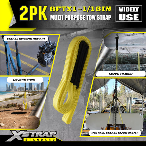 Display of Two Pack 1 Inch By 8 Foot Beefy Lift Slings With Wear Guard Ends for versatile use in engine repair and heavy lifting.