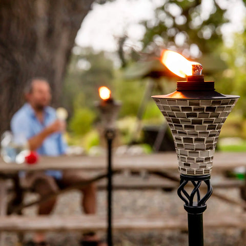 Easy Pour Mosaic Torch For Outdoor Vibes, gray ceramic tile torch with weather resistant steel, 62 inch tall outdoor lighting