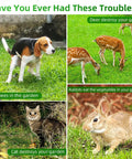 Outdoor Ultrasonic Deer Repellent Device With PIR Motion Sensor And LED Strobe 2 Pack displayed with deer, rabbit, cat, and dog garden pest examples