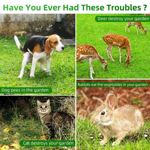 Outdoor Ultrasonic Deer Repellent Device With PIR Motion Sensor And LED Strobe 2 Pack displayed with deer, rabbit, cat, and dog garden pest examples