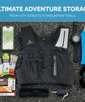 Lightweight Hydration Running Vest For Men And Women With 9 Pockets, Adjustable Chest Straps, 500ml Soft Flask, displayed with accessories.