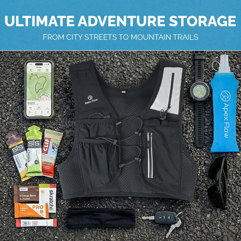 Lightweight Hydration Running Vest For Men And Women With 9 Pockets, Adjustable Chest Straps, 500ml Soft Flask, displayed with accessories.