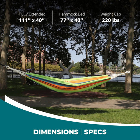 40-Inch Wide Brazilian Style Hammock With Hand-Woven Rope Loops And Hanging Hardware Indoor Outdoor Cotton-Poly Blend 250 Lbs Capacity Guacamole Color Portable With Drawstring Carry Bag For Backyard Chill hanging in a park