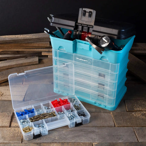Portable Tool Box With Removable Drawers And Customizable Compartments For Hardware Tackle Beads And Crafts A Handy Grab And Go Organizer For Home Shop And Field Light Blue