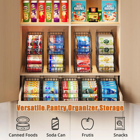 Eight Pack Can Organizer For Pantry And Fridge, Stackable Wire Shelf Rack Holds Up To Seventy Two Cans displayed in kitchen cabinet