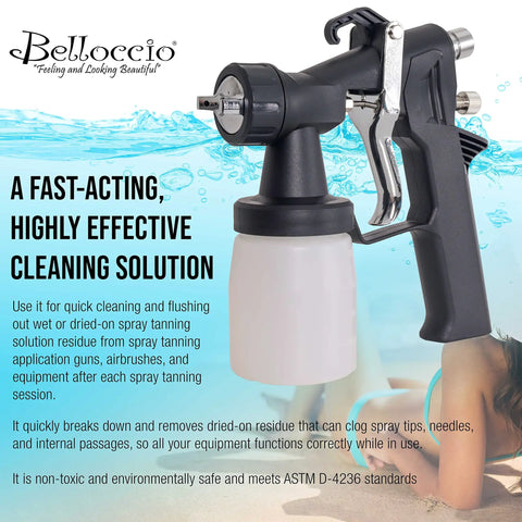 Spray Tanning Equipment Cleaner 16 Ounce Bottle Fast Acting Cleaning Solution Cleans Airbrush Spray Tanning Guns Airbrushes and Equipment Systems Removes Dried On Tan Residue No Fuss Easy To Use for All Brands, bottle and spray gun