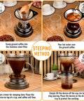 Premium Borosilicate Glass Pour Over Coffee Dripper With Reusable Stainless Steel Filter demonstrating the step-by-step brewing process.