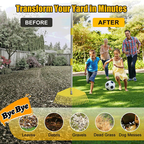 Unbreakable Nylon Leaf Rake With 16.5 Inch Wide Head And 45 Inch Long Handle Lightweight Yard Tool in use on lawn, before and after effect