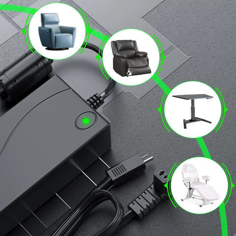 Electric Couch Power Recliner Adapter 29V 2A Power Supply For Most Lift Chairs And Recliners With 2 Pin Flat Round Plug, Plug And Play, black adapter with power cord and chair icons