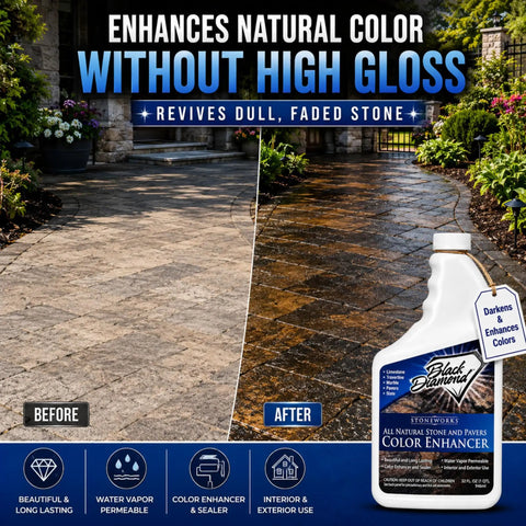 Before and after of stone pavers treated with Juice Up Faded Natural Stone Pavers Concrete With This Killer Color Enhancer Sealer Quart Size