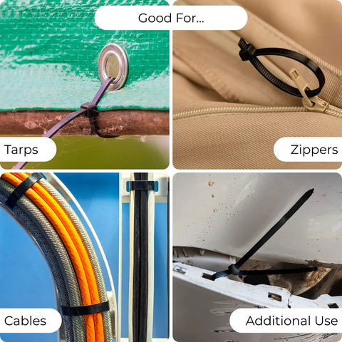 Assorted Black Zip Ties 4, 6, 8, 12 Inches Pack Of 400 Self Locking Nylon Cable Ties used on tarps, zippers, cables, and more.