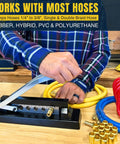 Person using Heavy Duty Ferrule Crimping Tool And Air Hose Repair Kit for Three Eighths, Five Sixteenths, and Quarter Inch ID Hoses