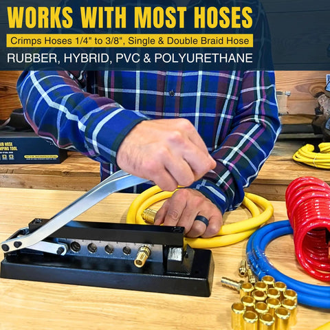 Person using Heavy Duty Ferrule Crimping Tool And Air Hose Repair Kit for Three Eighths, Five Sixteenths, and Quarter Inch ID Hoses