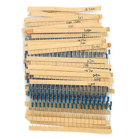 Front view of resistor kit with 600 carbon-film resistors (30 values) featuring blue bands on paper spacers