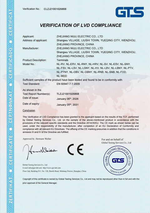 Verification of LVD compliance certificate for Zhejiang Nuli Electric with CE and GTS seals, blue borders.