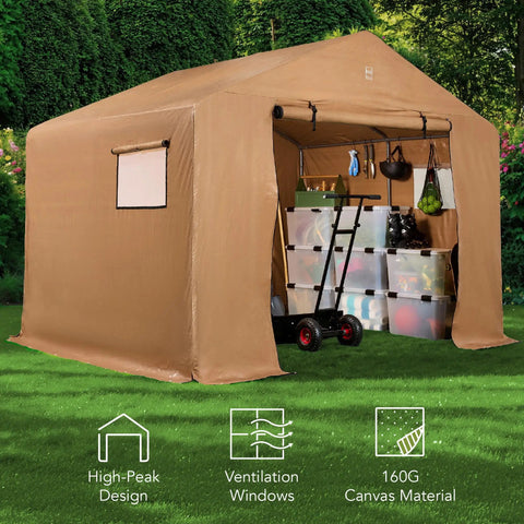 Tan 10x8ft outdoor storage shed with dual roll-up doors, weather-resistant metal frame, storing garden tools in backyard