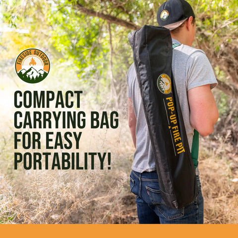 Person carrying Go Anywhere Portable Fire Pit For Camping And Backyard Grilling Lightweight 8 Lb Pop Up Fire Pit bag