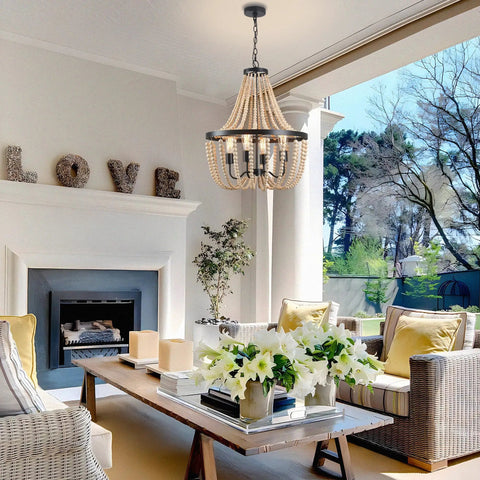 Fab Boho Wooden Bead Chandelier With Large Two Layer Maple Beads 4 Light Farmhouse Pendant Light hanging in a cozy living room.