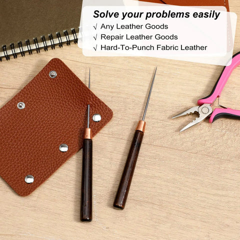 Top Shelf 3 Piece Scratch Awl Tool Set Featuring Sick Ergonomic Wood Grips And Razor Sharp Tips For Leather Crafting.