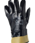 Heavy Duty Nitrile Gloves With Kevlar Protection, Palm Coated For That Solid Dry Grip, showing black coating and cuff detail