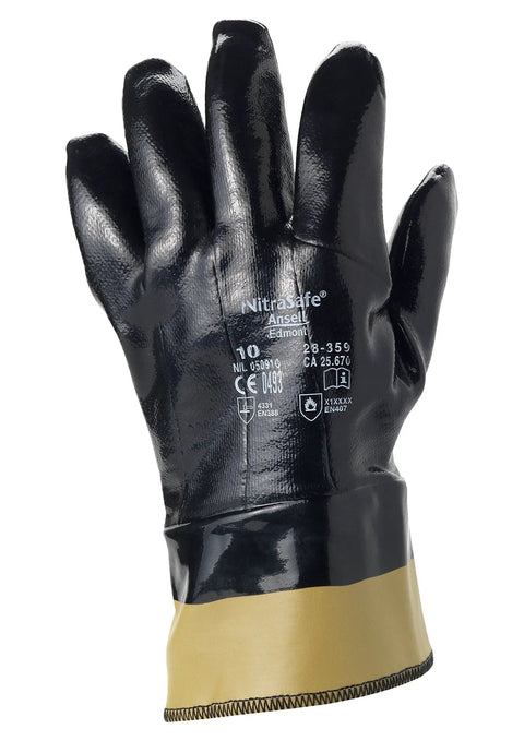 Heavy Duty Nitrile Gloves With Kevlar Protection, Palm Coated For That Solid Dry Grip, showing black coating and cuff detail