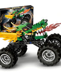 Monster Dragon Truck Building Kit For Kids Green, kid-approved DIY construction toy with large black wheels and dragon spikes