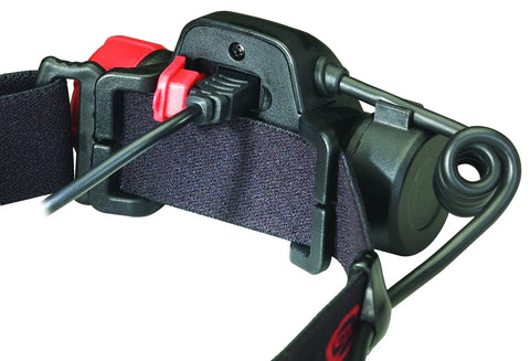 Close-up of black and red Dual Light Source USB Headlamp with tilt head and rugged build, featuring a USB connection port.