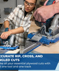 Woman using circular saw with track system for accurate cuts on plywood, showcasing precision woodworking capabilities.