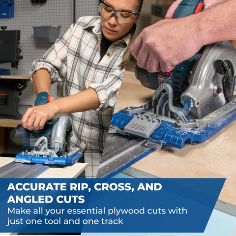 Woman using circular saw with track system for accurate cuts on plywood, showcasing precision woodworking capabilities.