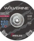Wolverine Type 27 grinding wheel with A24R, 9-inch size, black, showing label details and metal cutting info, pack of ten.