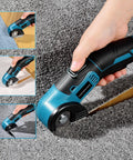 Tyimble Cordless Electric Scissors Heavy Duty Cardboard Cutter With Brushless Motor And Usb C Charging Includes 2 Tungsten Blades For Diy Crafting And Industrial Use High Efficiency Cutting Fabric Leather Carpet in use on carpet.