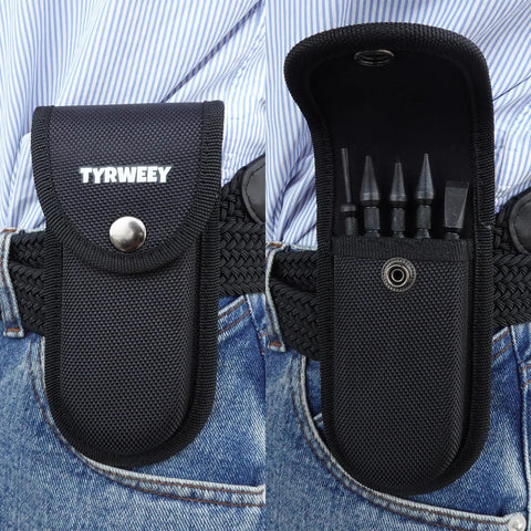 Five-Piece Nail Setter And Center Punch Kit with case on belt, featuring dual head nail sets, spring loaded hole punch, hinge pin remover.