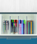 Clear Drawer Organizer Set Four Piece Modular Bins For Office Home Makeup Kitchen And Junk Drawer Storage installed with pens.