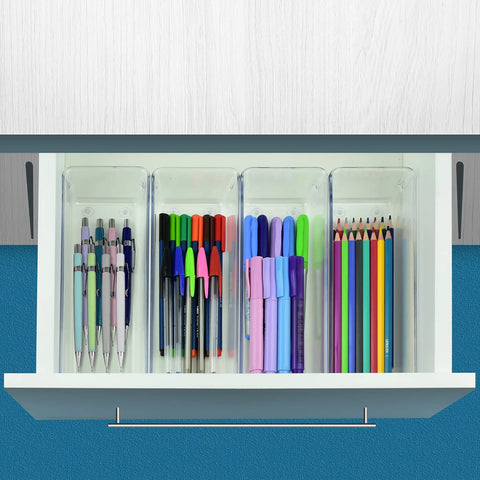 Clear Drawer Organizer Set Four Piece Modular Bins For Office Home Makeup Kitchen And Junk Drawer Storage installed with pens.